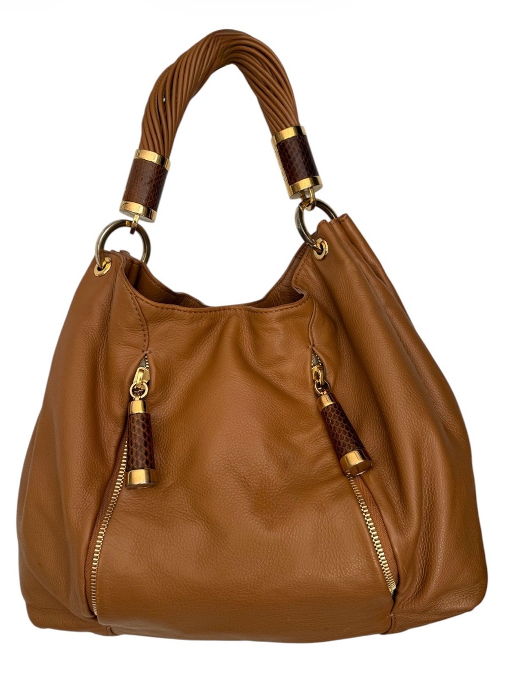 Michael Kors Cognac Tonne Leather Hobo bag with python-accented zipper pulls